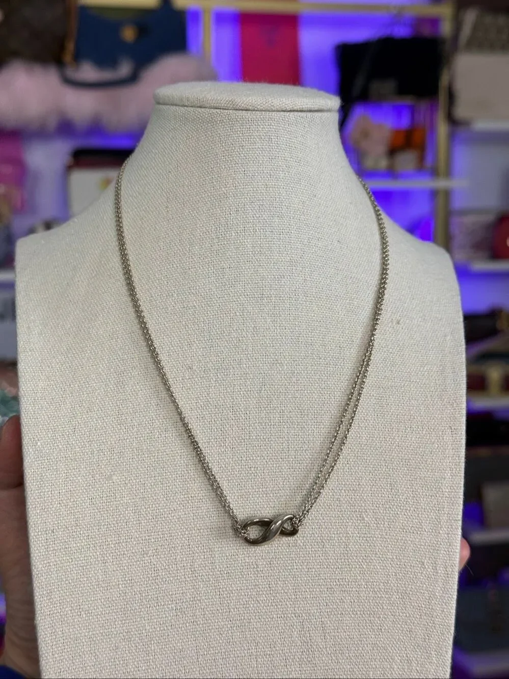 Tiffany & Co 925 Sterling Silver Double Chain Infinity Knot Necklace